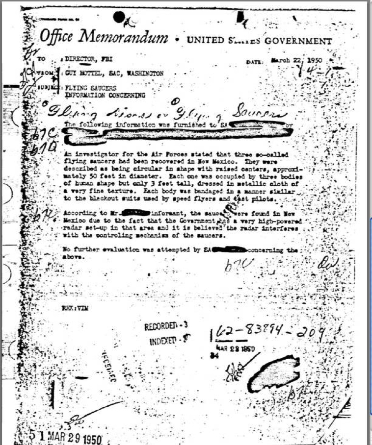 Government Flying Saucers Document - Roswell UFO Crash (1952)